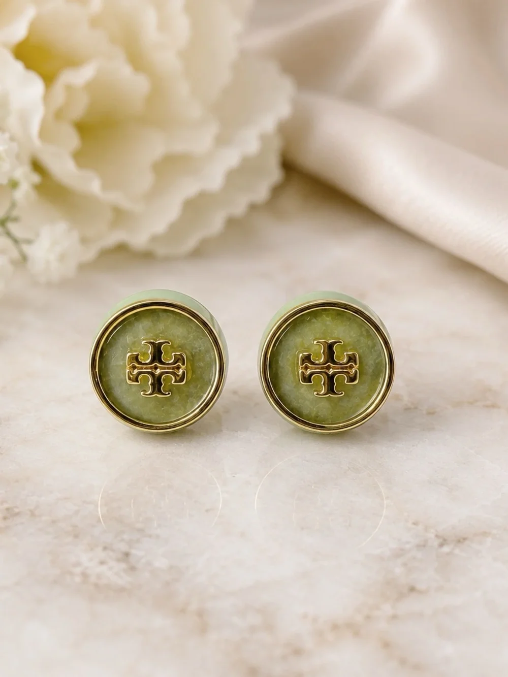 Tory Burch Gold-Tone Logo Green Enamel Circle Stud Earrings